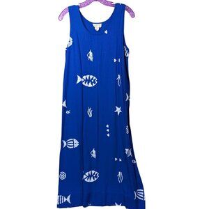 Connie Choi Women size M Vintage Blue Fish Print Sleeveless Dress Resort Beach